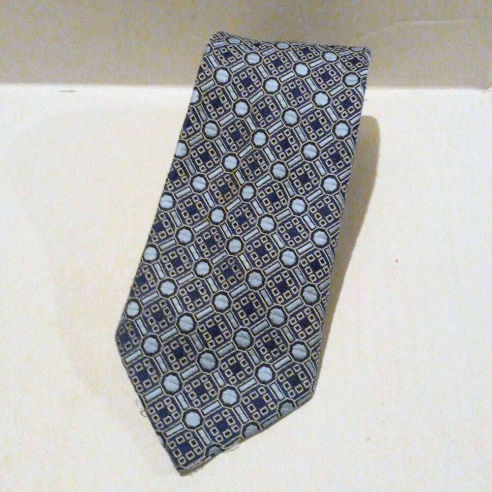 Vintage Habano Hand Woven In Como Italy Tie-Geometric-Blue-Gray-Standard Width